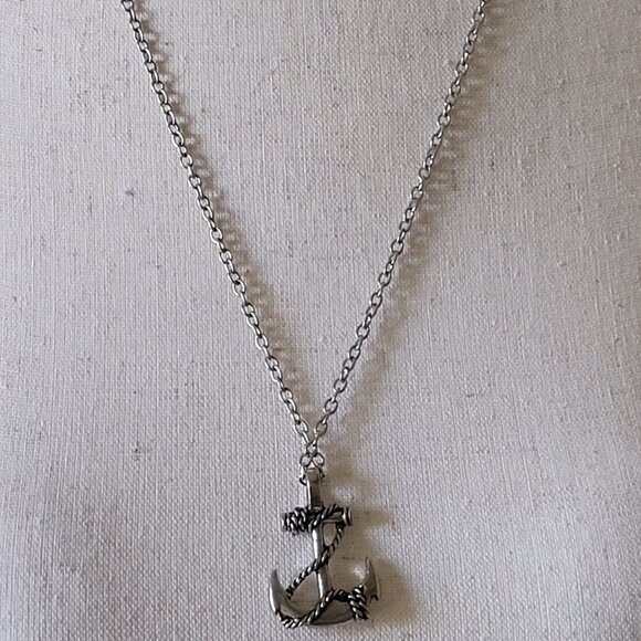 Anchor Wrapped Rope Silver Tone Necklace 23" - Picture 3 of 6